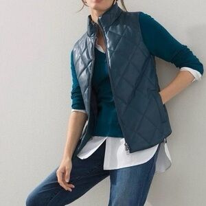 NWOT Chicos Size 3 US XL 16/18 Teal Faux Leather Vest Quilted Front Zip‎
